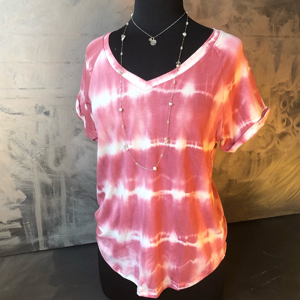 NWT - Tie Dye rolled Sleeve V neck shirt rose pink